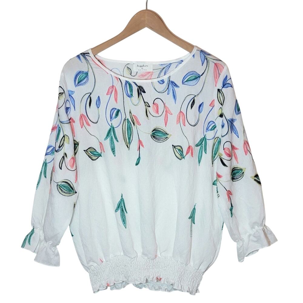 Sapphire NWT Floral Embroidered 3/4 Sleeve Round Neck White Blouse XL Feminine